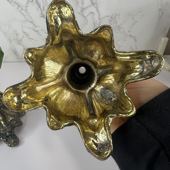 Set of 2 Regency Gold Candle Stick Holders with Green Emerald Lucite – 8" Tall‎ - Picture 5 of 6